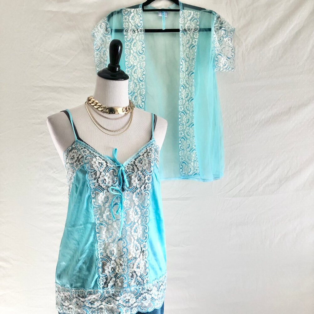 Vintage Aqua Cami and Mesh Short Robe Coat